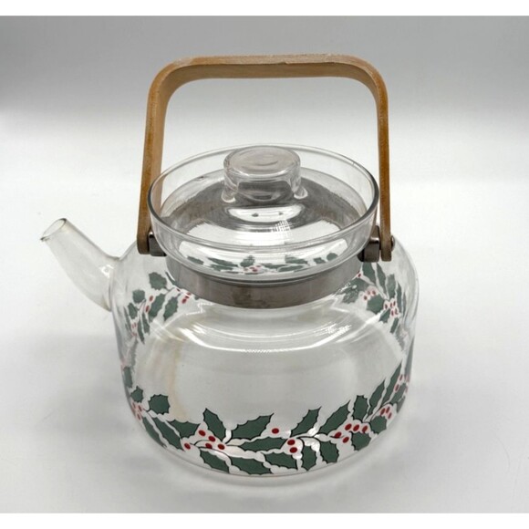 Christmas Handblown Tea Kettle Holly Berry Pattern Heat Resistant Glass Cookware - Picture 7 of 9